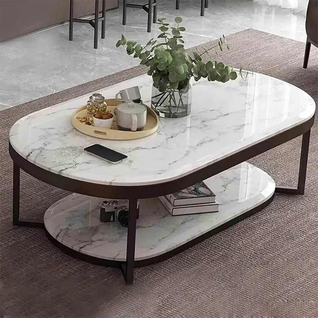 Alhome Marble Wooden Coffee Table - 120x70x50 cm - White and Black - AL-391