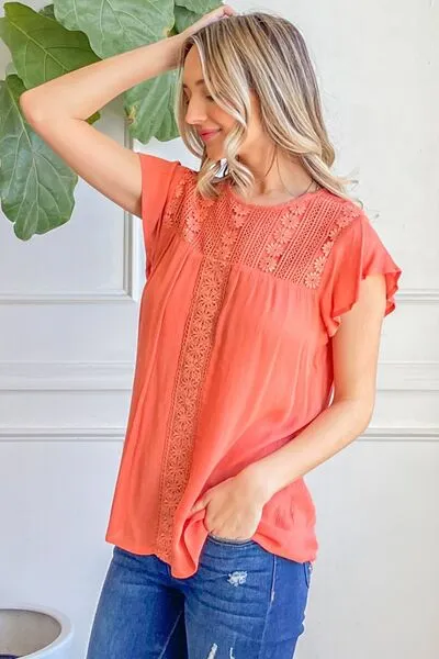 And The Why Lace Detail Ruffle Short Sleeve Blouse