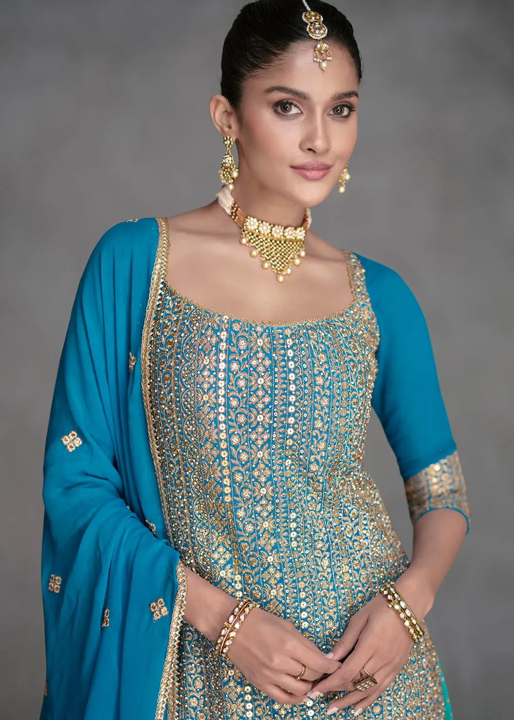 Azure Blue Designer Style Wedding Wear Sharara Suit