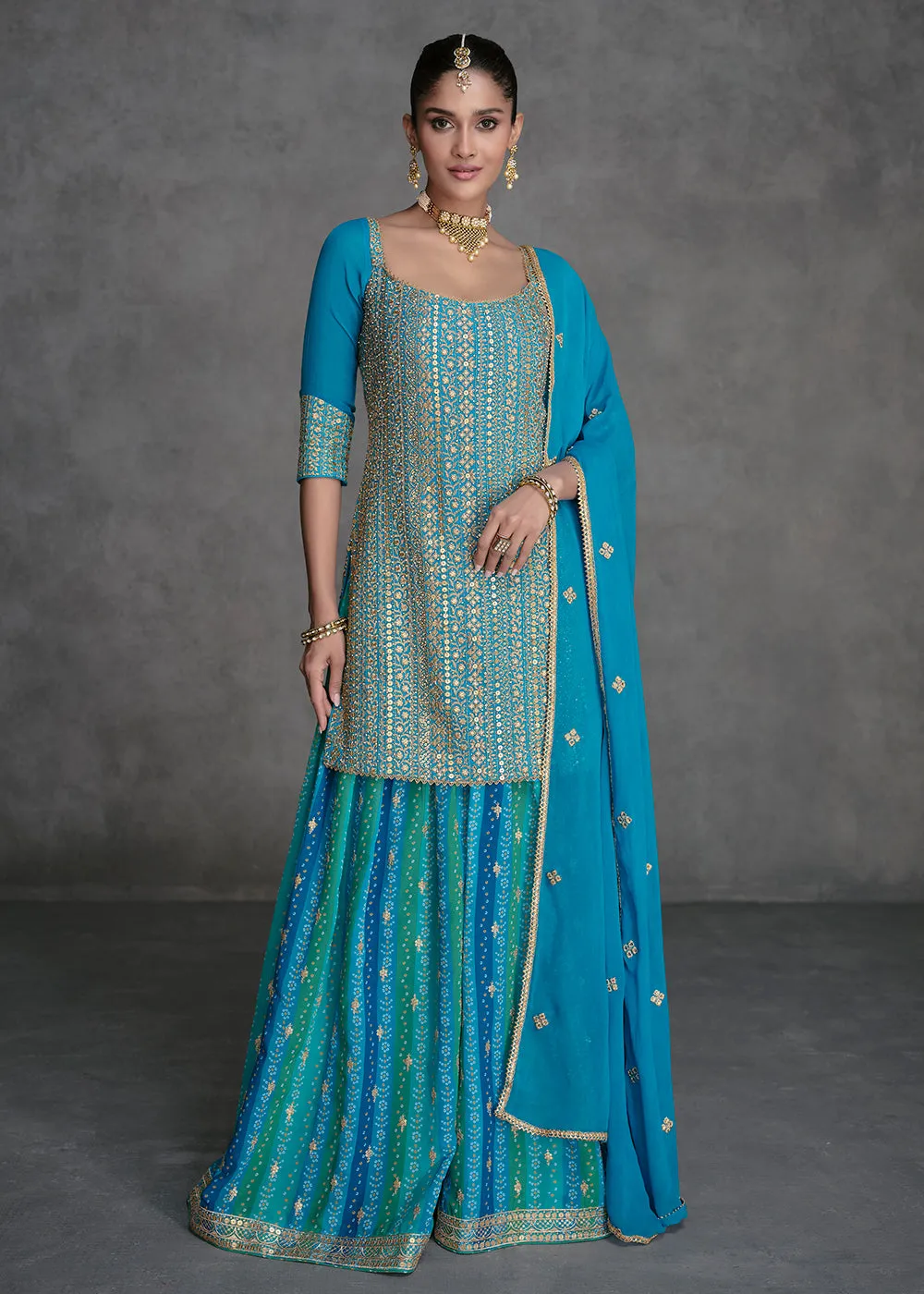 Azure Blue Designer Style Wedding Wear Sharara Suit