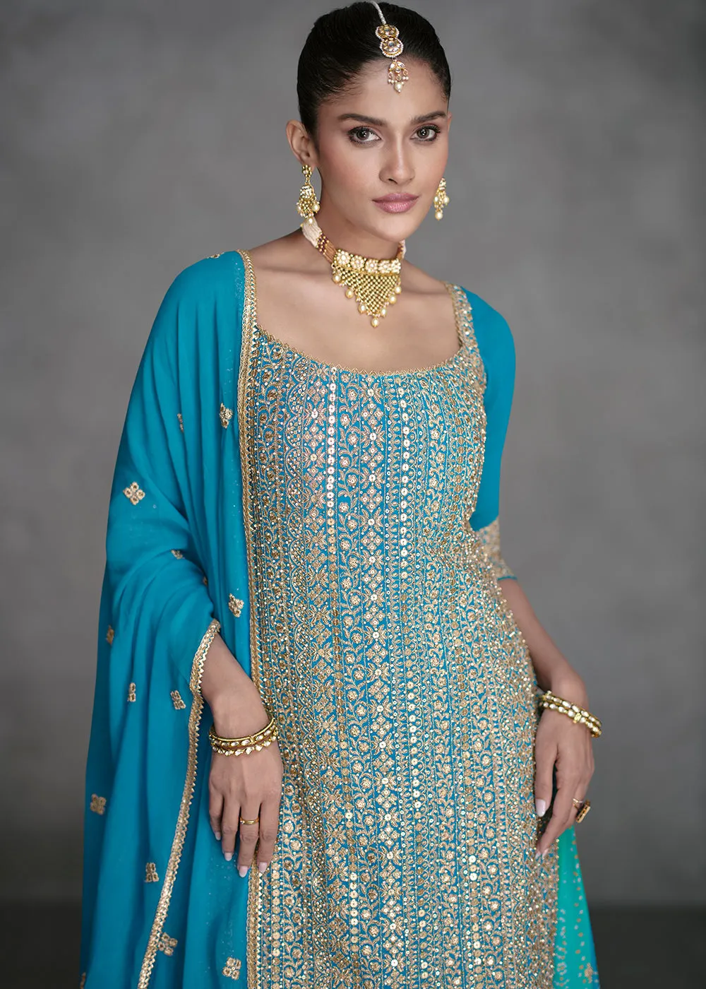 Azure Blue Designer Style Wedding Wear Sharara Suit