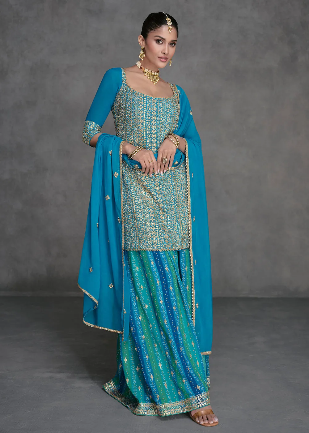 Azure Blue Designer Style Wedding Wear Sharara Suit