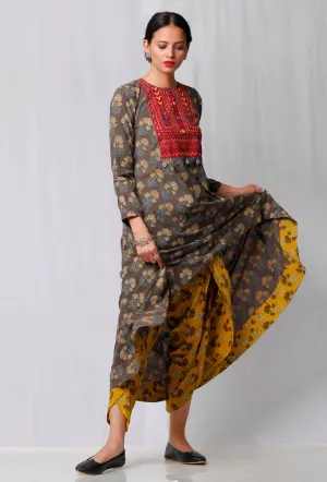 Brown Ajrakh Printed Kurta with Red Yoke