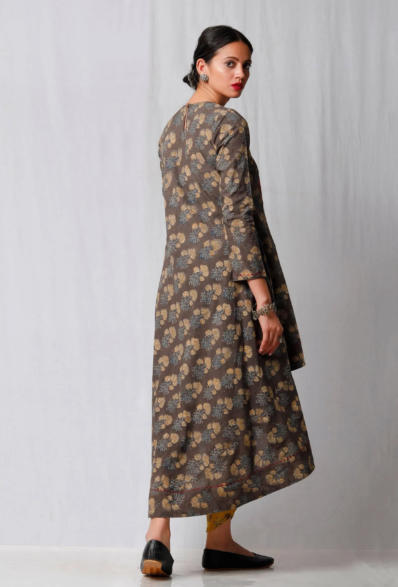 Brown Ajrakh Printed Kurta with Red Yoke