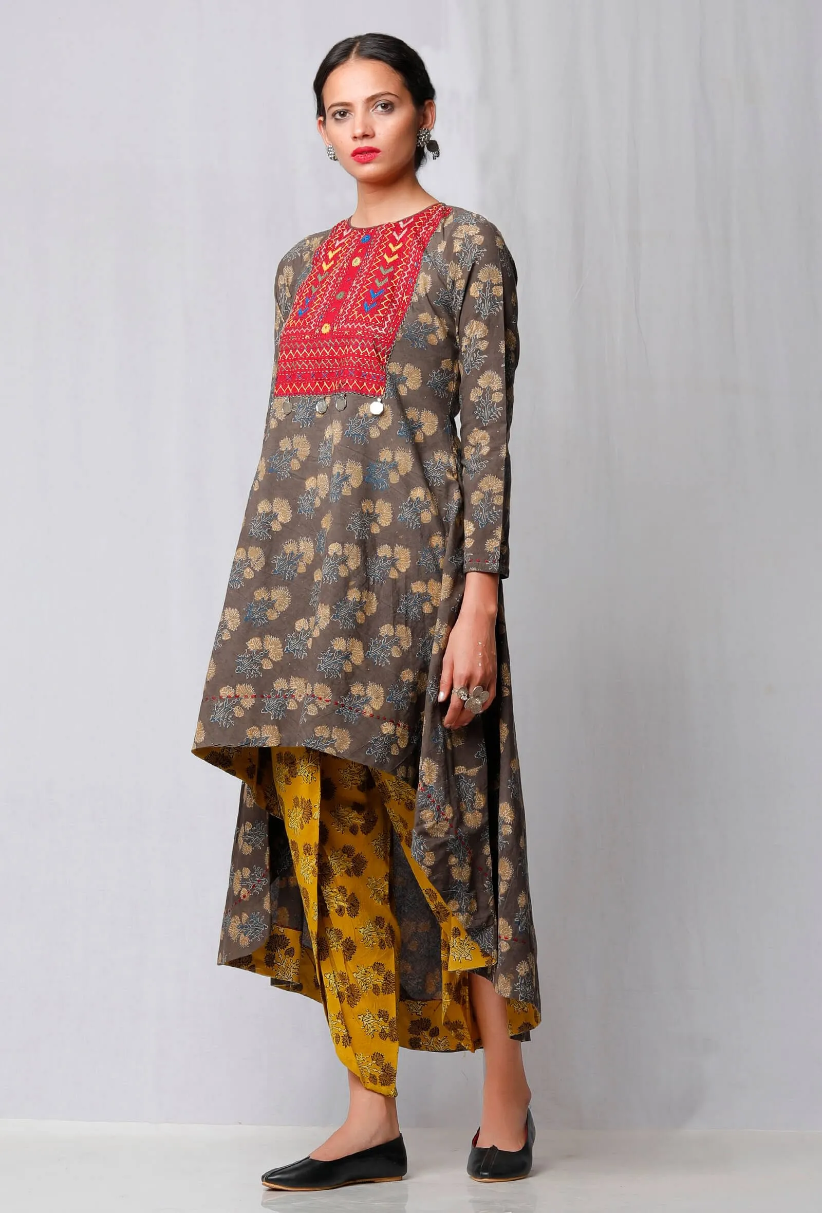 Brown Ajrakh Printed Kurta with Red Yoke