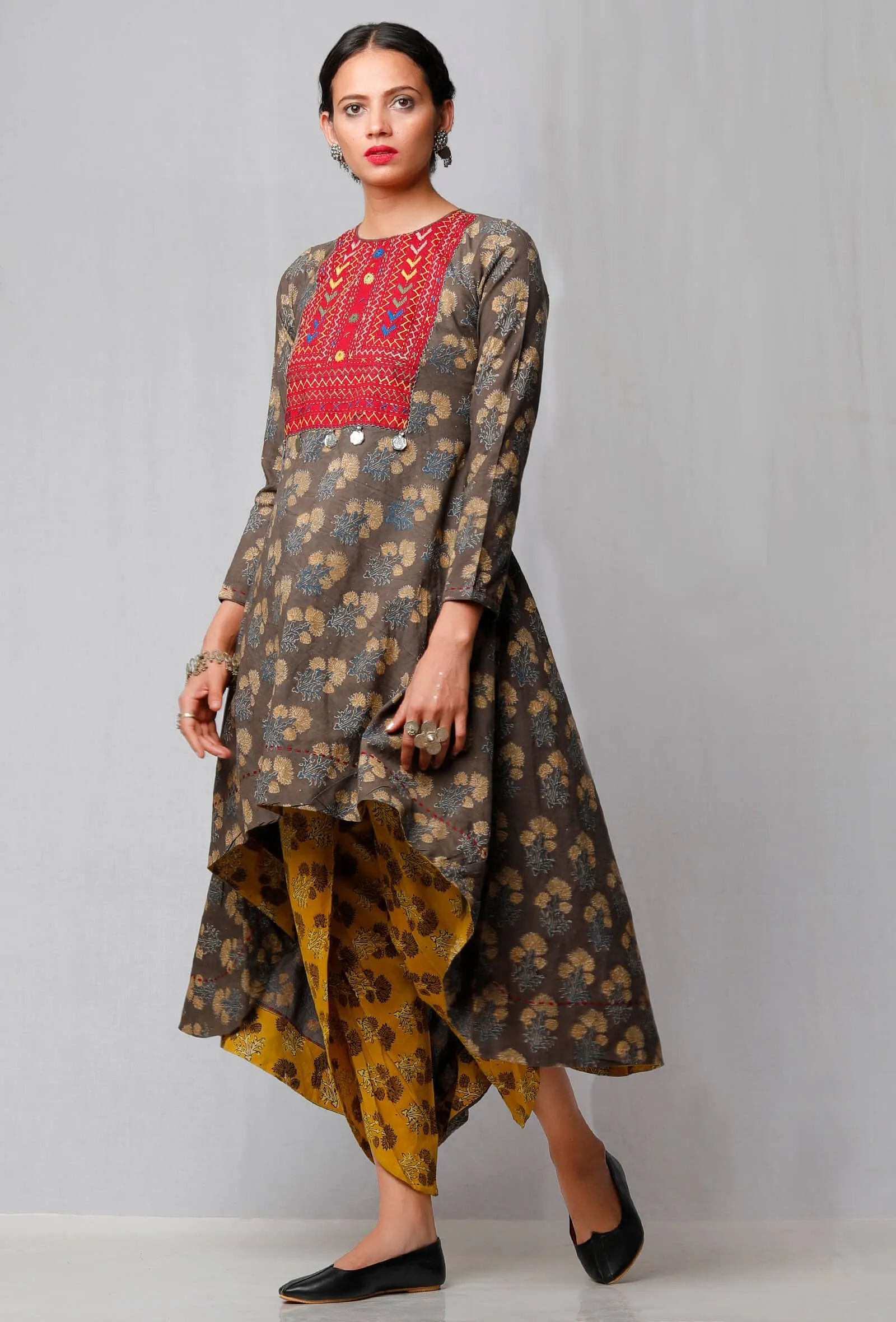 Brown Ajrakh Printed Kurta with Red Yoke