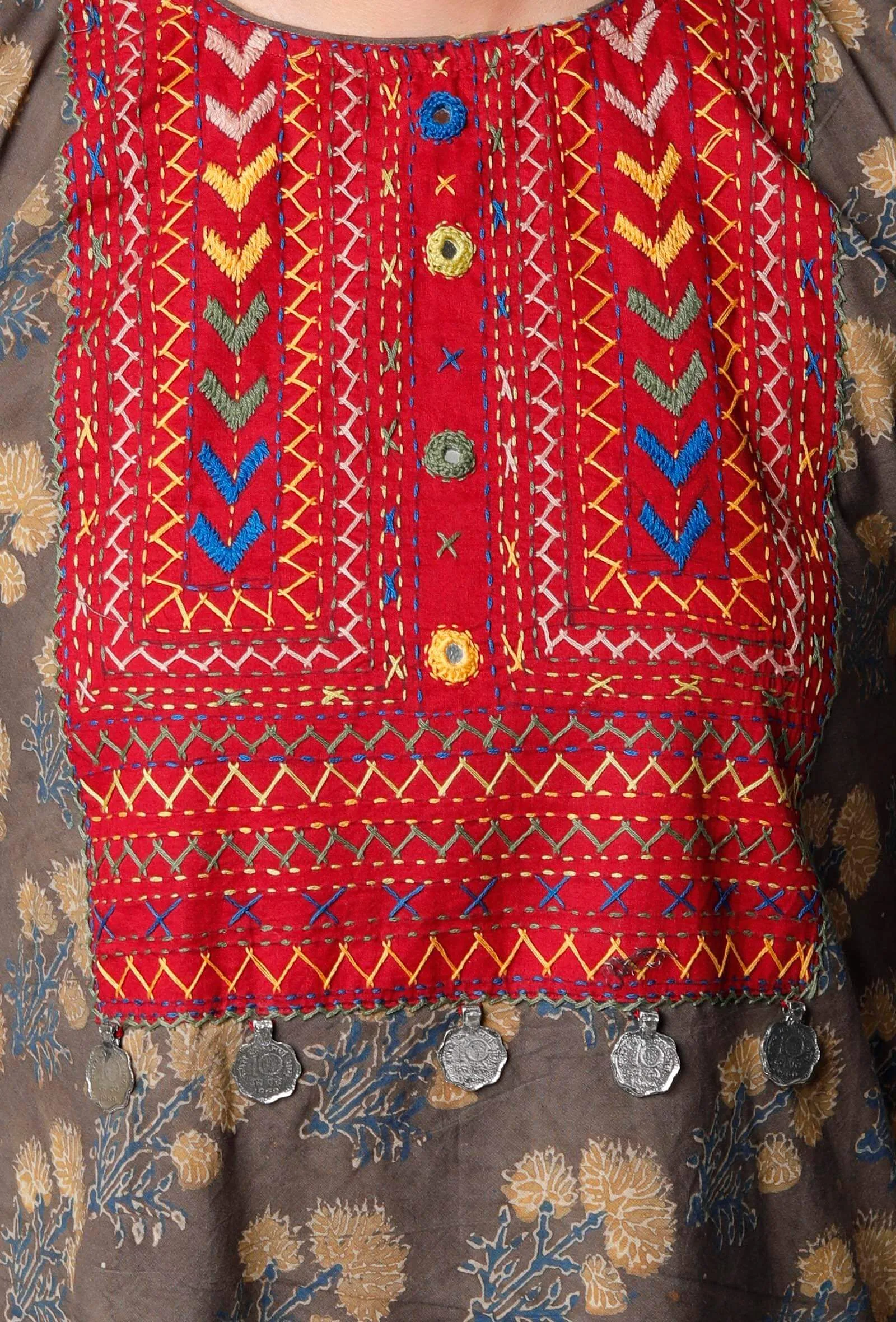 Brown Ajrakh Printed Kurta with Red Yoke