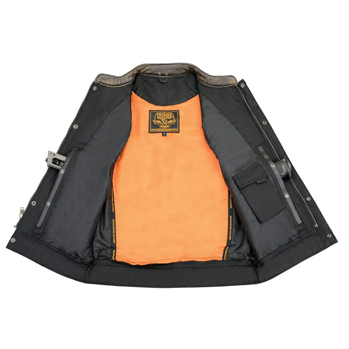 BROWN MLM3510 Men's Black/ Beige Naked Leather Club Style Vest - Dual Closure Open Neck Motorcycle Vest