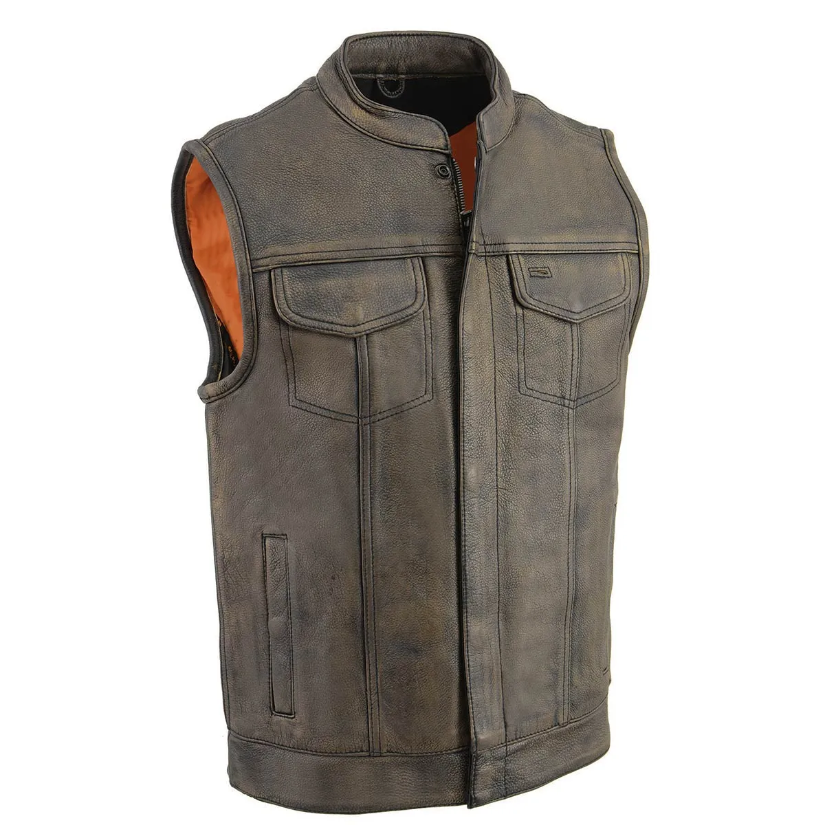 BROWN MLM3510 Men's Black/ Beige Naked Leather Club Style Vest - Dual Closure Open Neck Motorcycle Vest