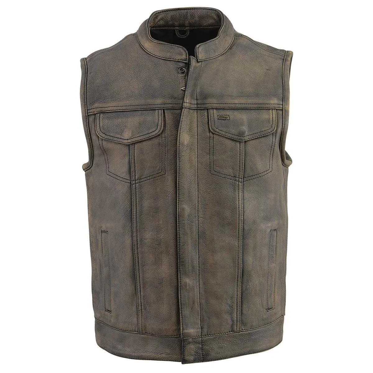 BROWN MLM3510 Men's Black/ Beige Naked Leather Club Style Vest - Dual Closure Open Neck Motorcycle Vest