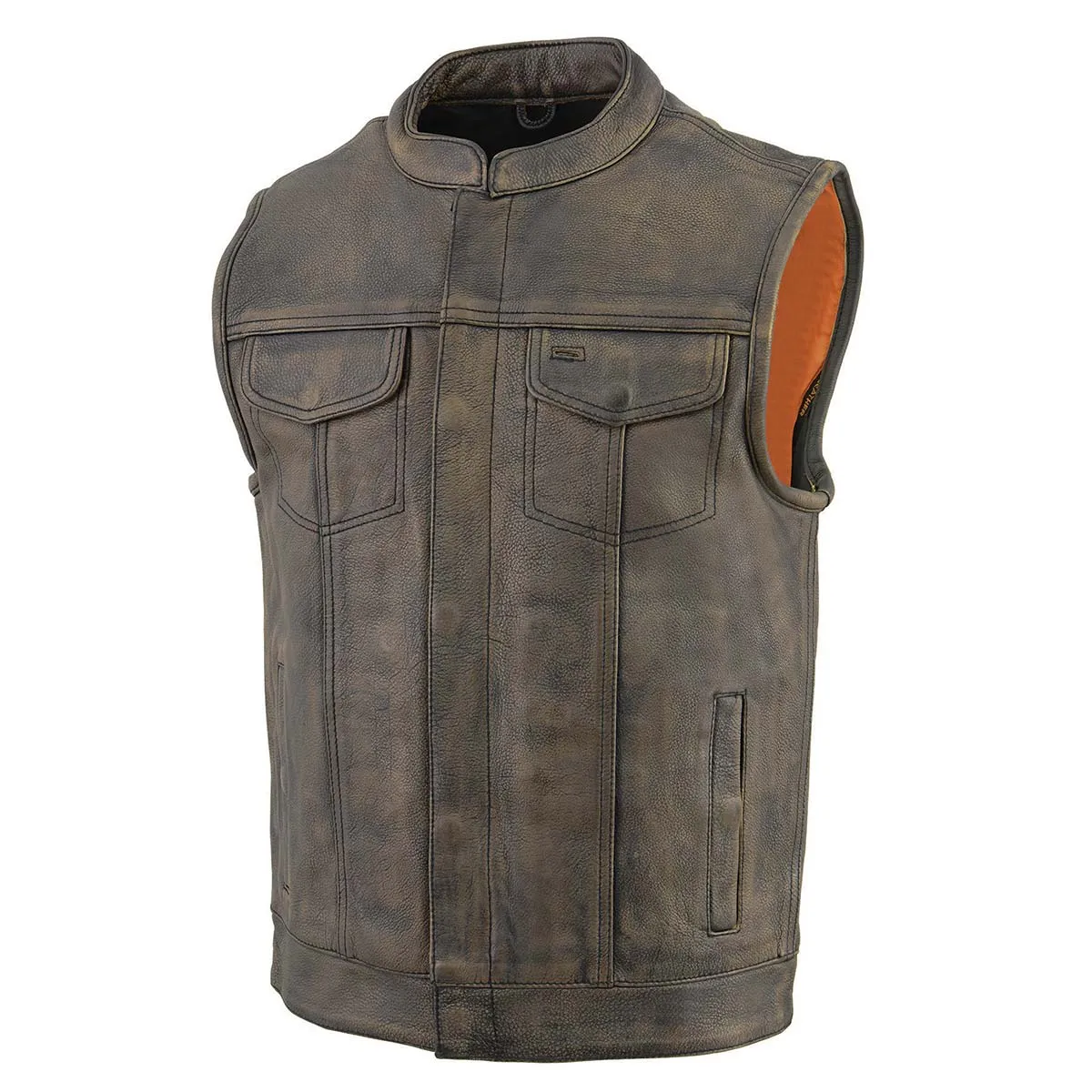 BROWN MLM3510 Men's Black/ Beige Naked Leather Club Style Vest - Dual Closure Open Neck Motorcycle Vest