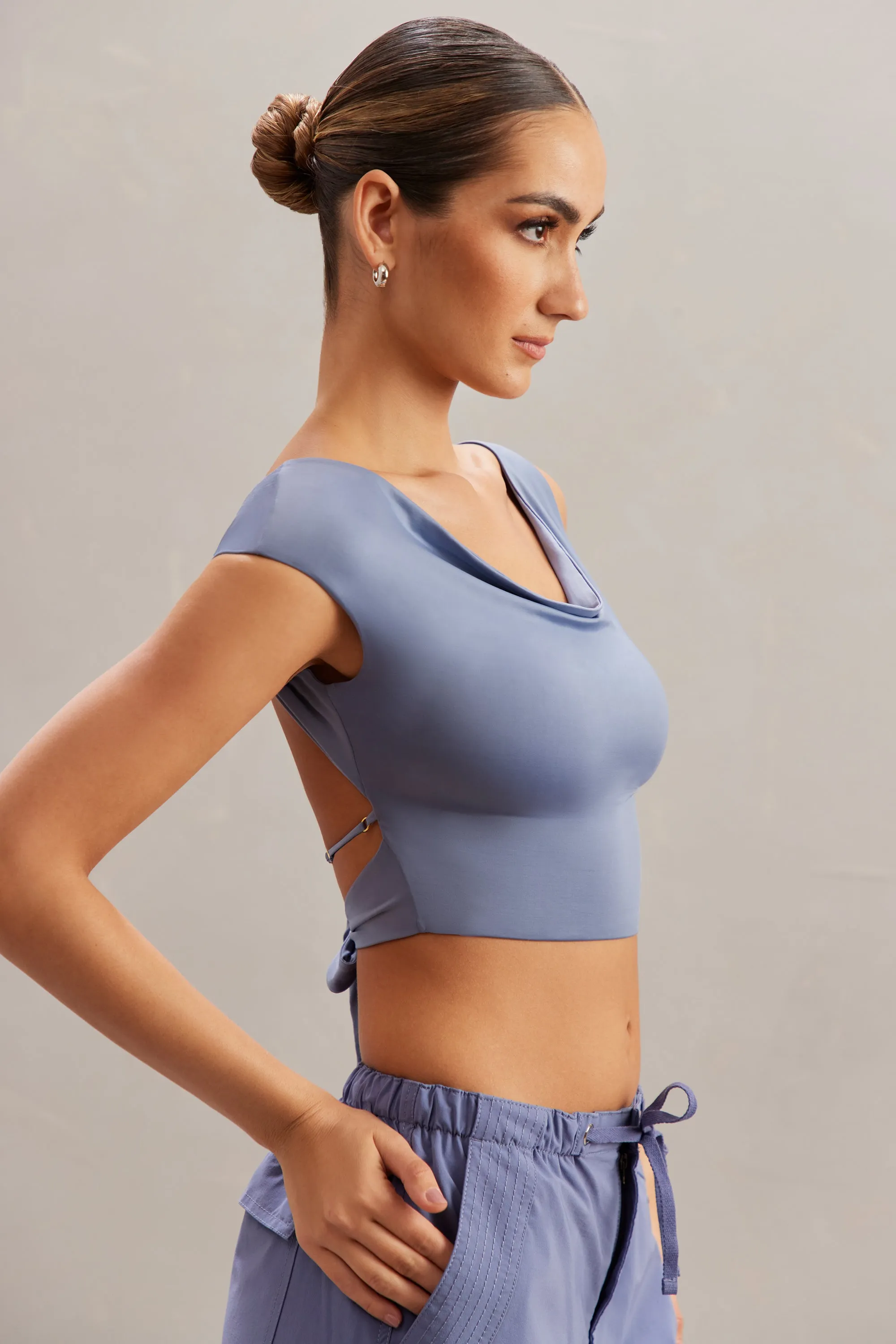 Cowl Neck Crop Top in Blue