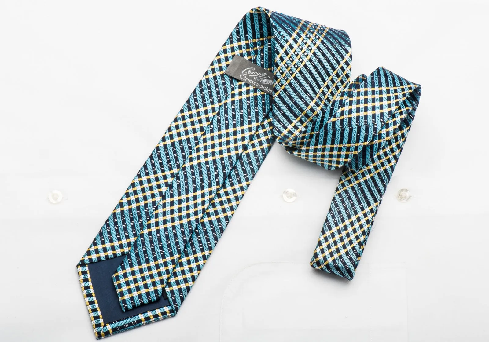 Crocodile Men's Crystal Necktie Blue Silver Striped With Sparkles