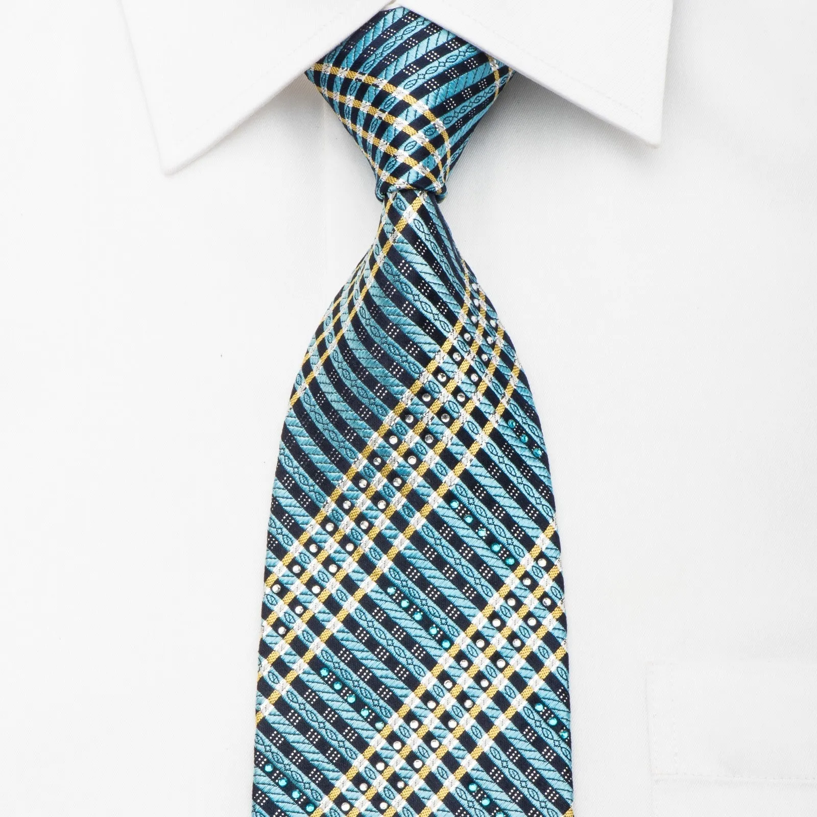 Crocodile Men's Crystal Necktie Blue Silver Striped With Sparkles