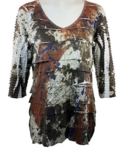 Cubism - Brown Splash Print, 3/4 Sleeve Woman's Top, V-Neck, Multi-Colored