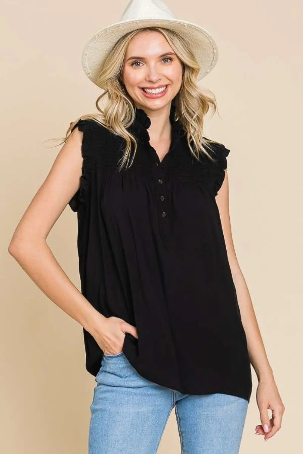 Culture Code Full Size Frill Edge Smocked Sleeveless Top