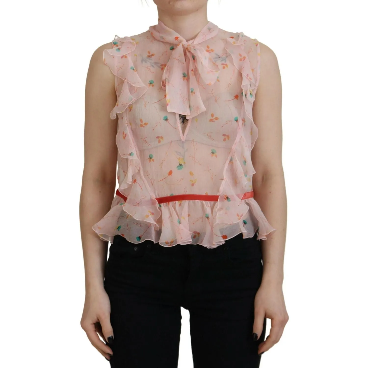 Dsquared² Pink Floral Print Silk Sleeveless Ascot Collar Top