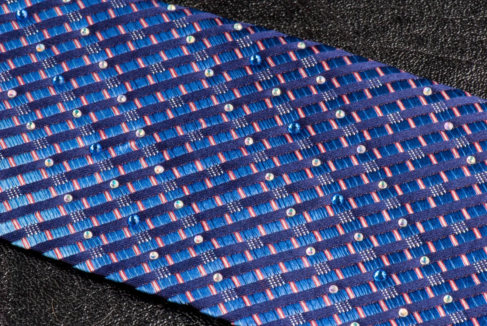 Elegance Silk Neck Tie Shades Of Blue Stripes With White & Blue Rhinestones