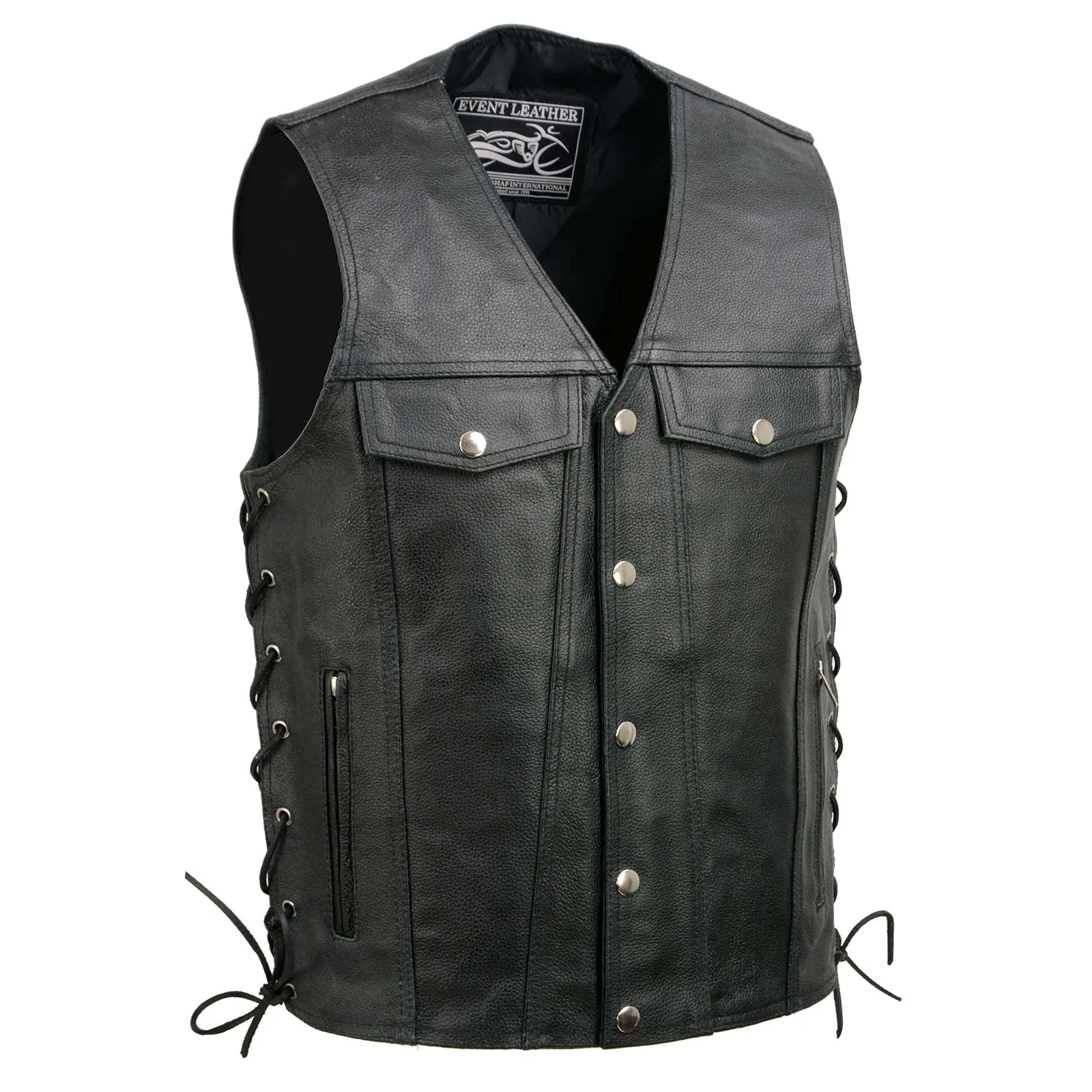 Event Leather EL5360 Black Motorcycle Leather Vest with Denim Style Pockets -Riding Club Adult Vests