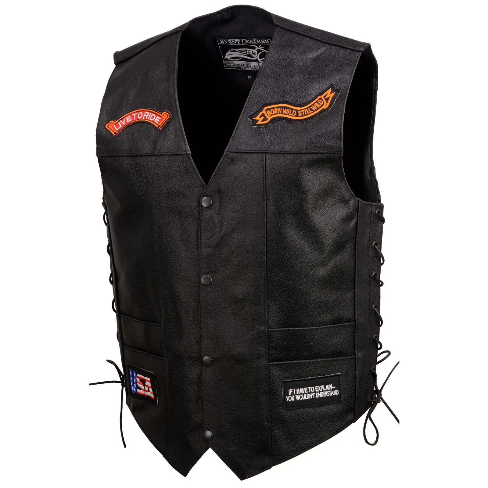 Event Leather Men’s Concealed Carry Motorcycle Vest Black with Patches