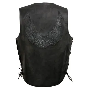 Event Leather's ELM3905 Men's 'Mayhem' 100% Genuine Motorcycle Leather Vest | Biker Vests with Embossed Skull & Wing