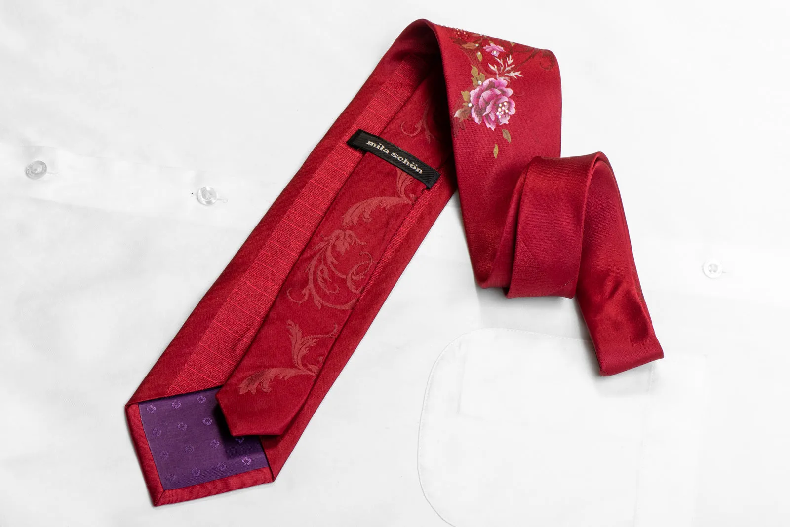 Floral On Red Rhinestone Silk Tie