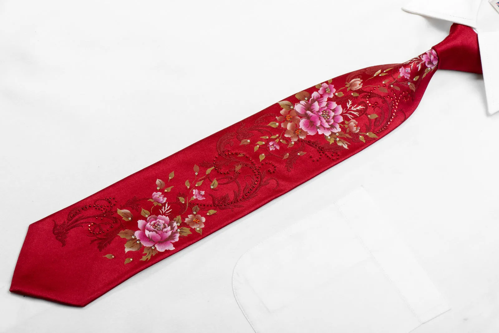 Floral On Red Rhinestone Silk Tie