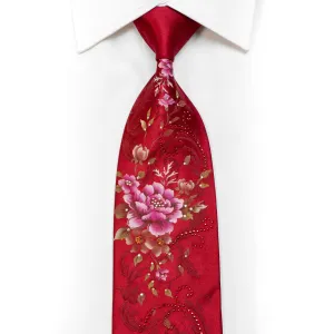 Floral On Red Rhinestone Silk Tie