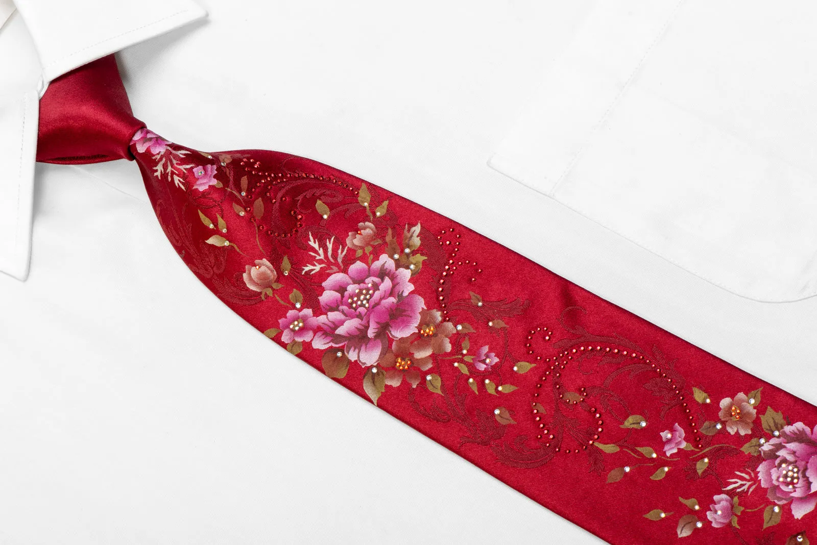 Floral On Red Rhinestone Silk Tie