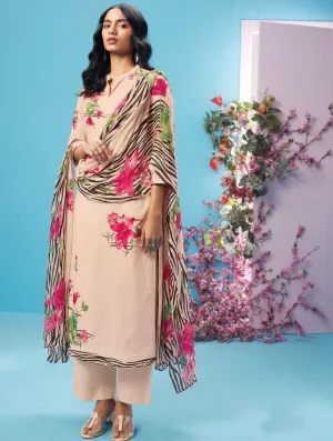 Ganga Off-White Cotton Unstitched Suit With Chiffon Dupatta