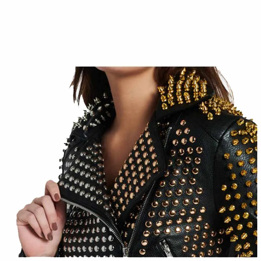 Golden Silver Studded Leather Jacket