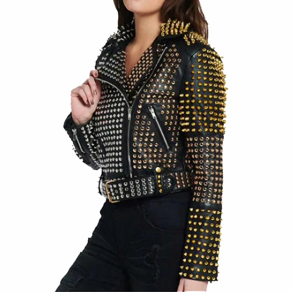 Golden Silver Studded Leather Jacket