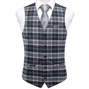 Grey Pink Plaid Silk England Style Men's Single Vest Waistcoat