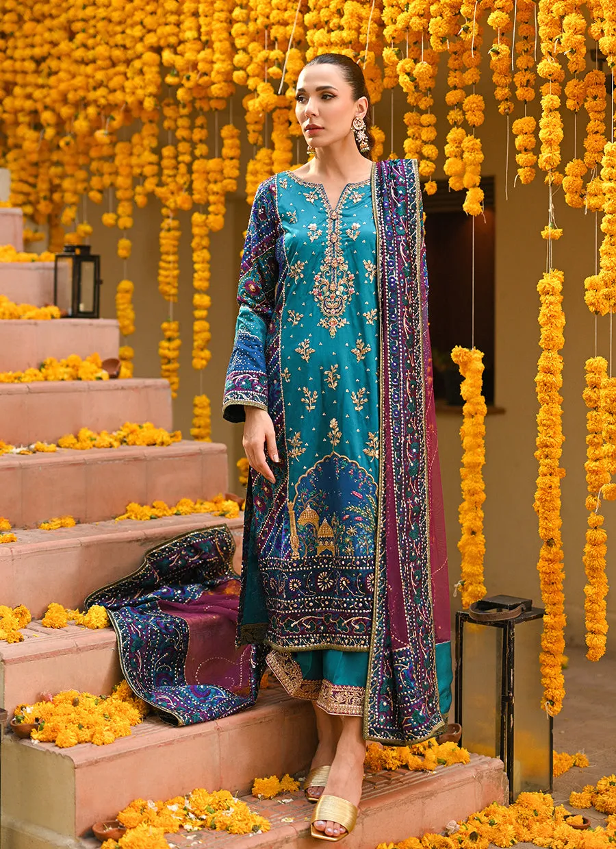 Halia teal block printed kurta, izaar dupatta