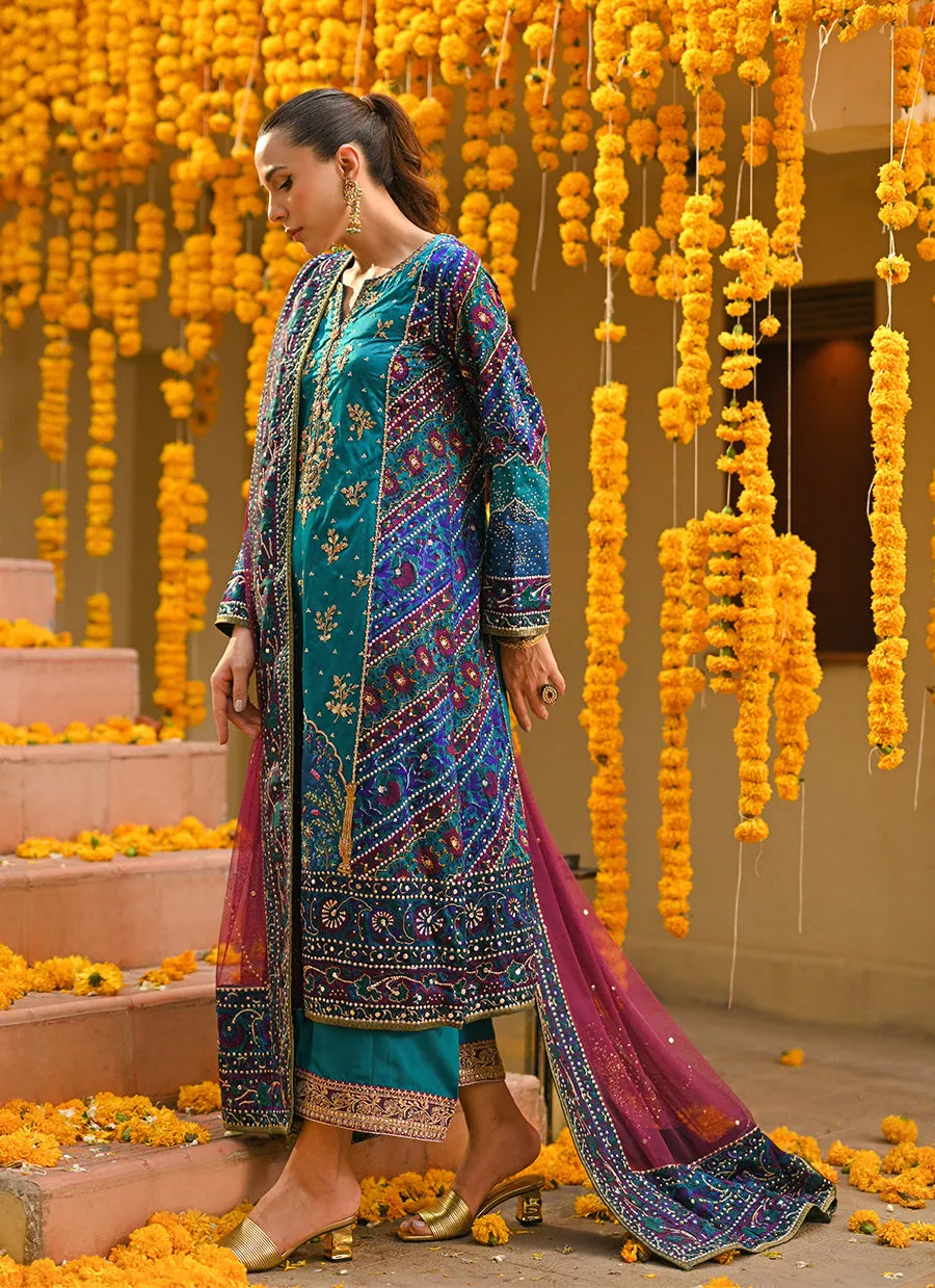 Halia teal block printed kurta, izaar dupatta