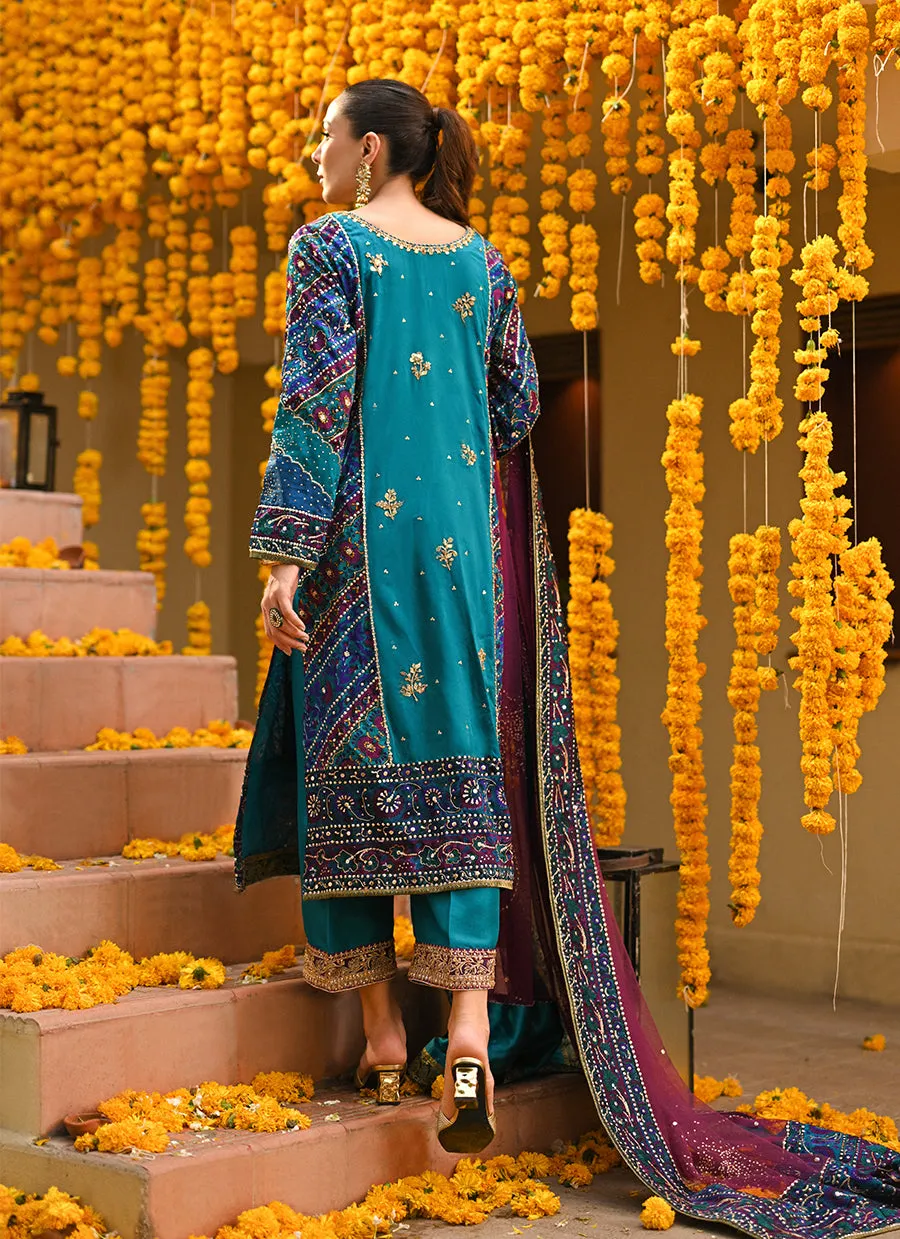 Halia teal block printed kurta, izaar dupatta