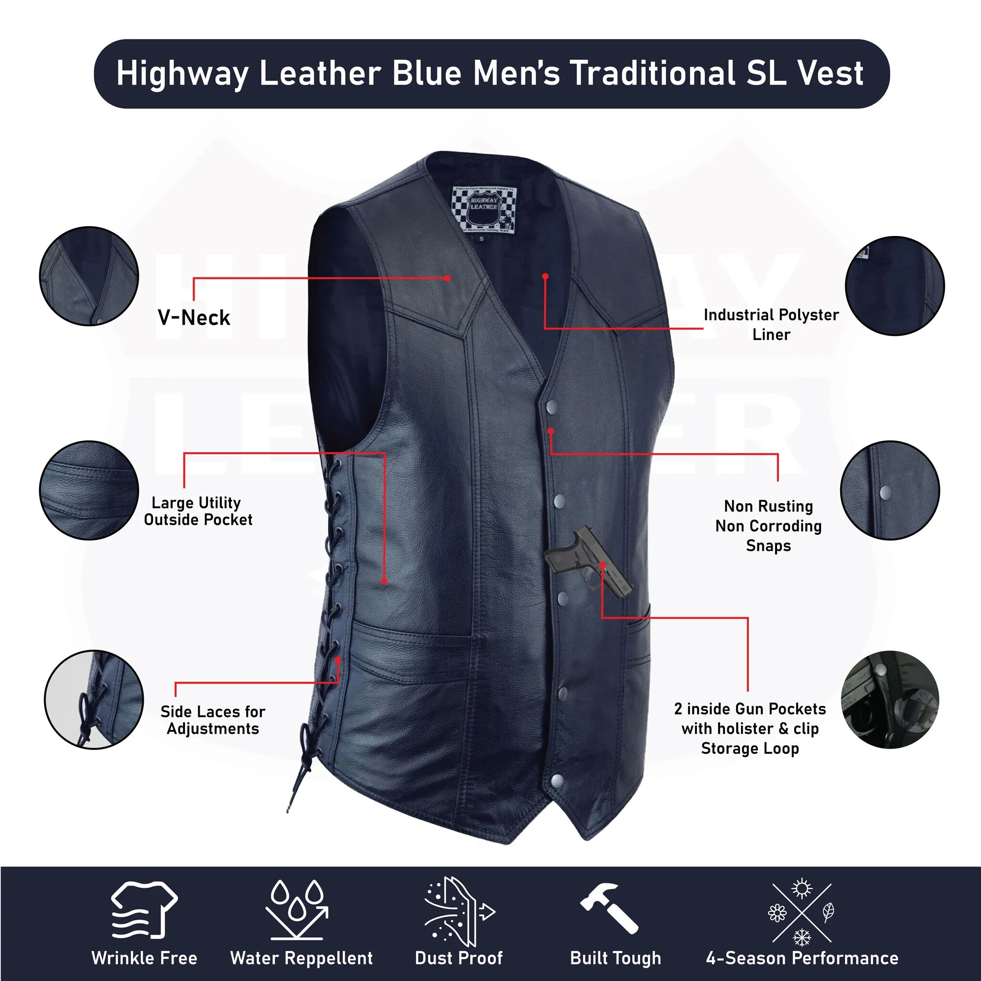 HL11614DARBLUE Blue Knight Men Side Lace Leather Vest Club Color Gun