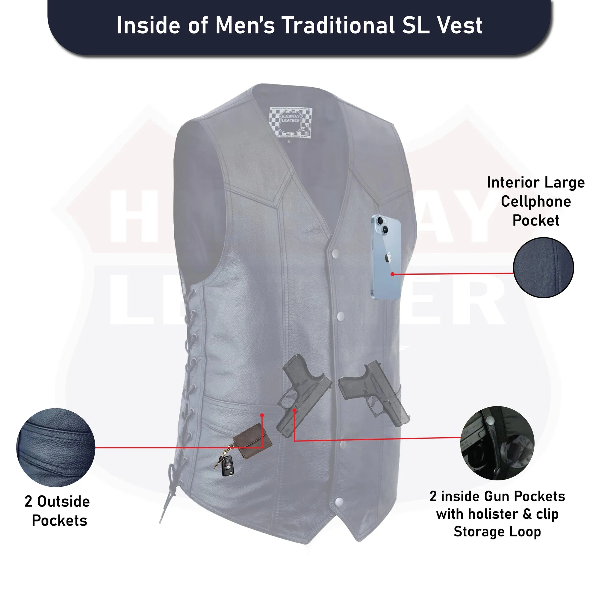 HL11614DARBLUE Blue Knight Men Side Lace Leather Vest Club Color Gun