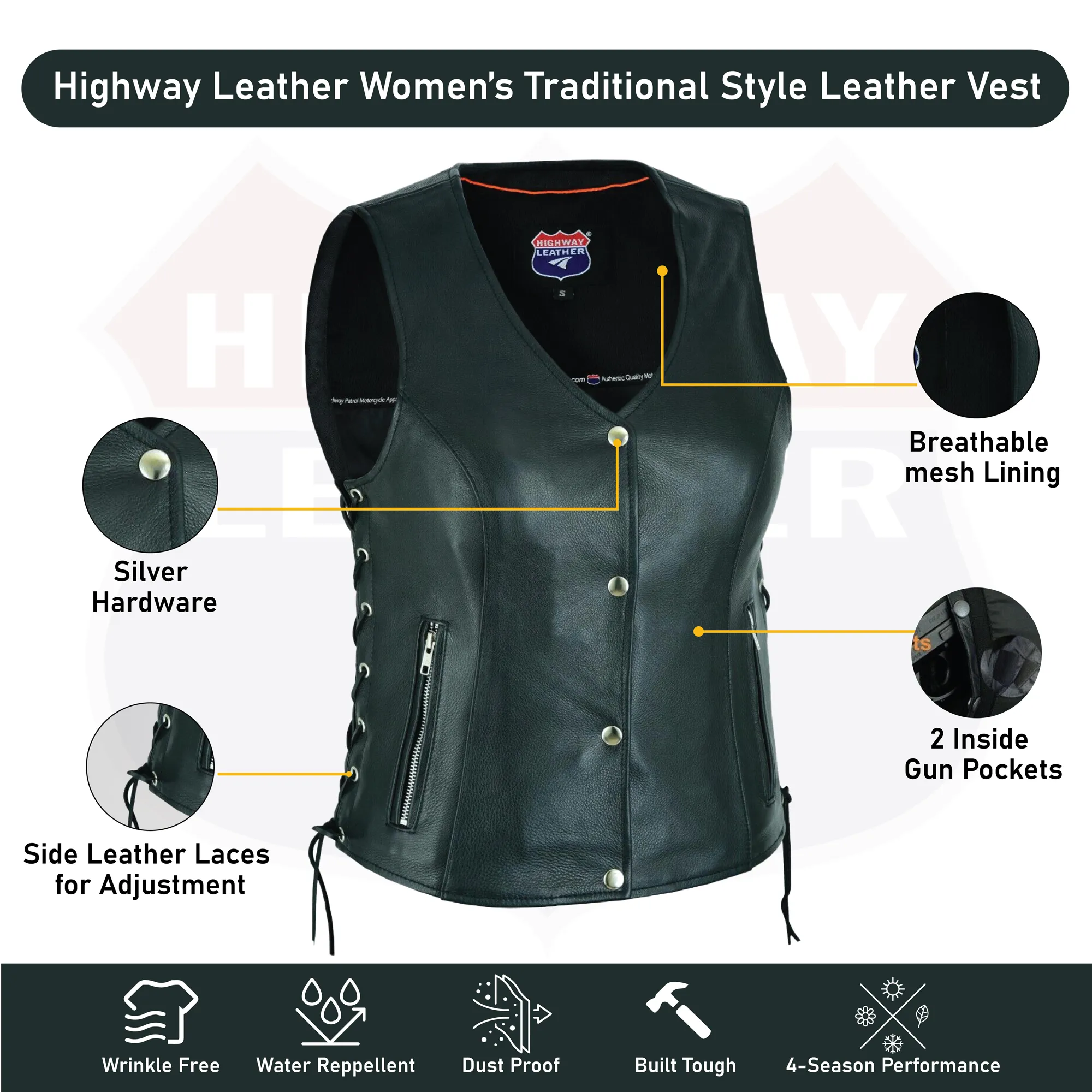 HL14851SPT Black Women's Lace up side leather motorcycle vest