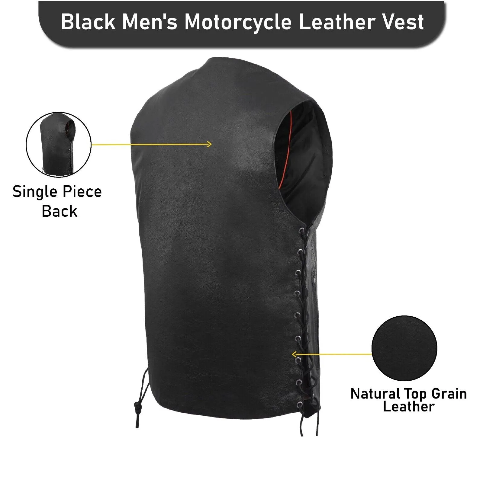 HL3540SPT Black Mens Genuine Leather 10 Pockets Motorcycle Biker Vest ANARCHY Black SOA