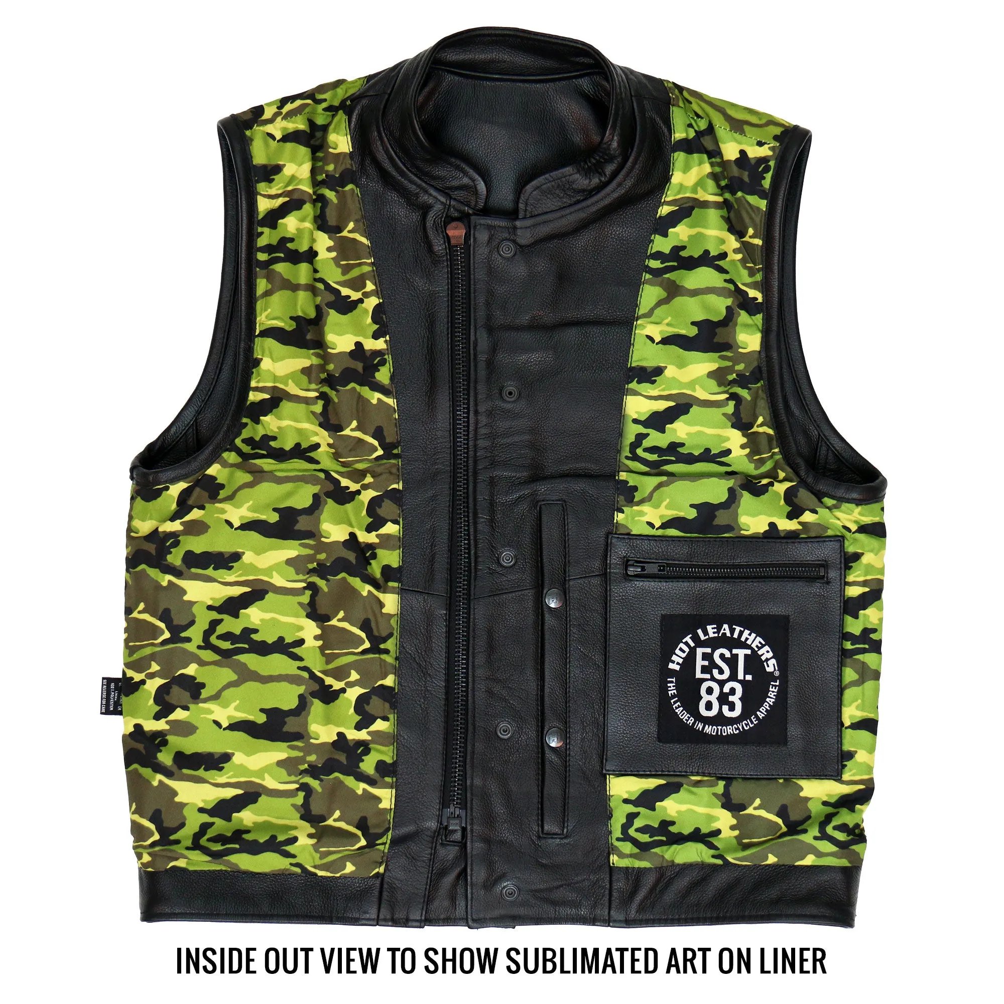 Hot Leathers VSM1058 Men's Black 'Camo Flag' Motorcycle Club Style Conceal and Carry Leather Biker Vest