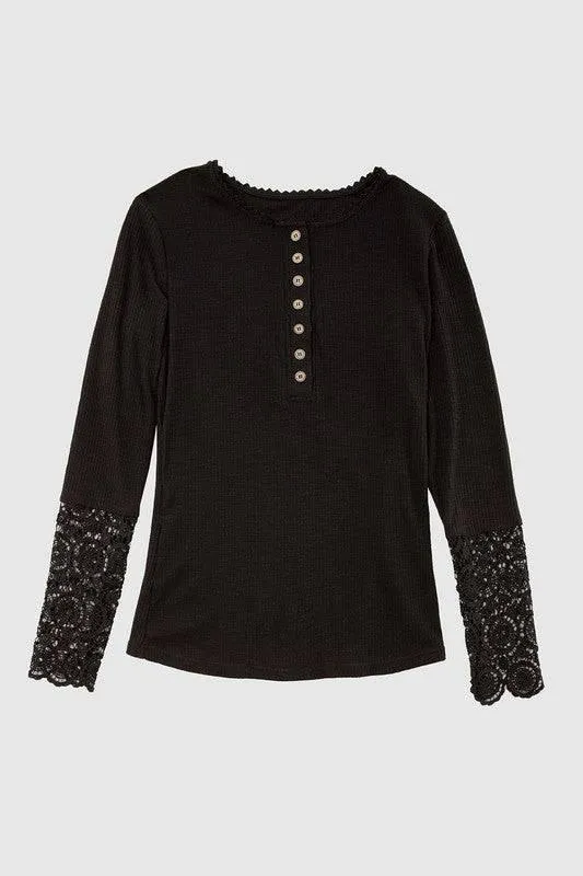 Lace Trim Sleeve Henley Top