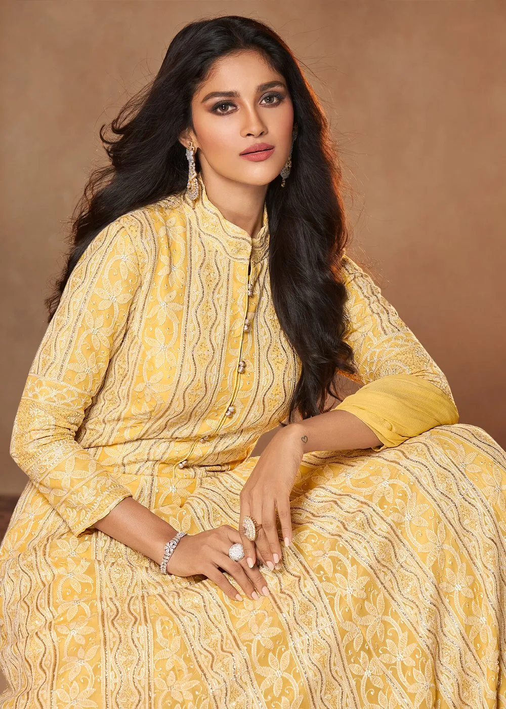 Light Yellow Lucknowi Style Georgette Anarkali Suit