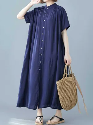 Long Cotton Front Button Cotton Shirt Dress (Navy Blue - Army Green - Brown)