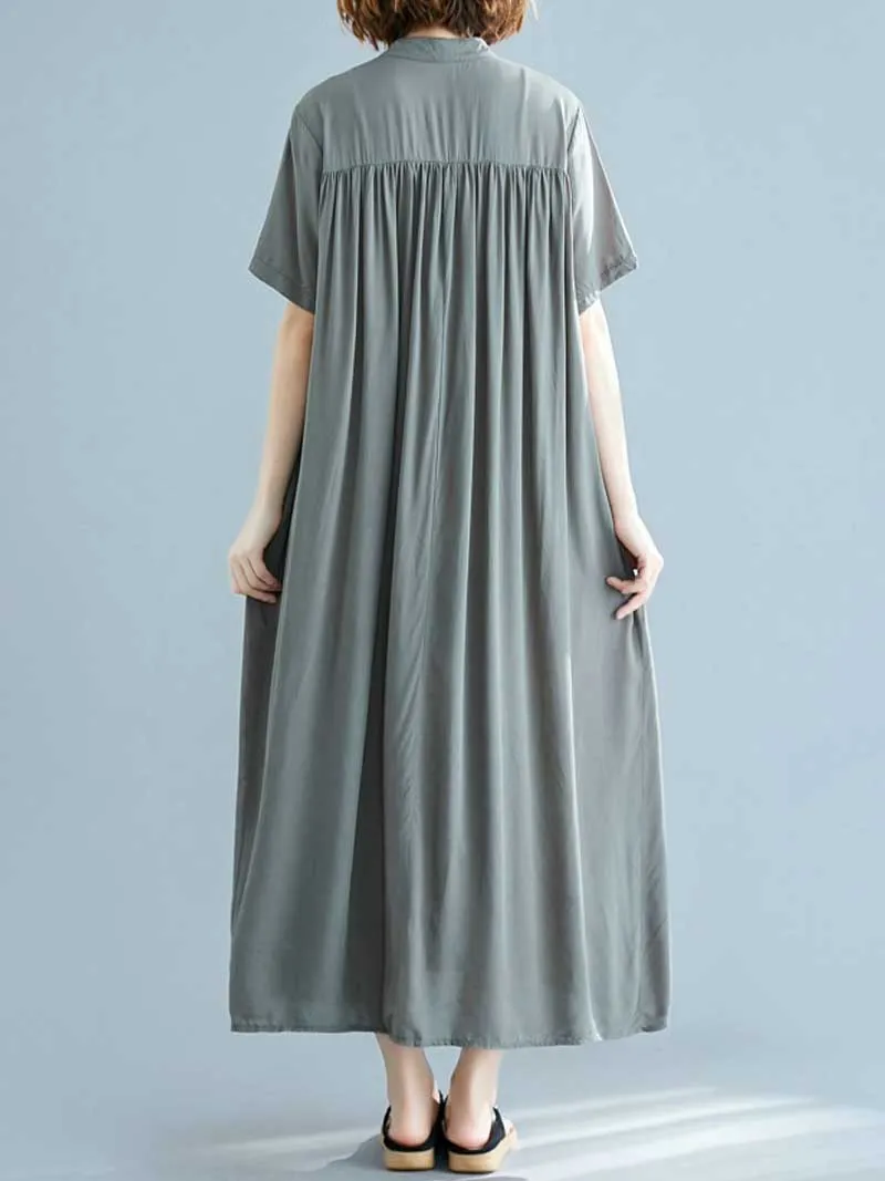 Long Cotton Front Button Cotton Shirt Dress (Navy Blue - Army Green - Brown)