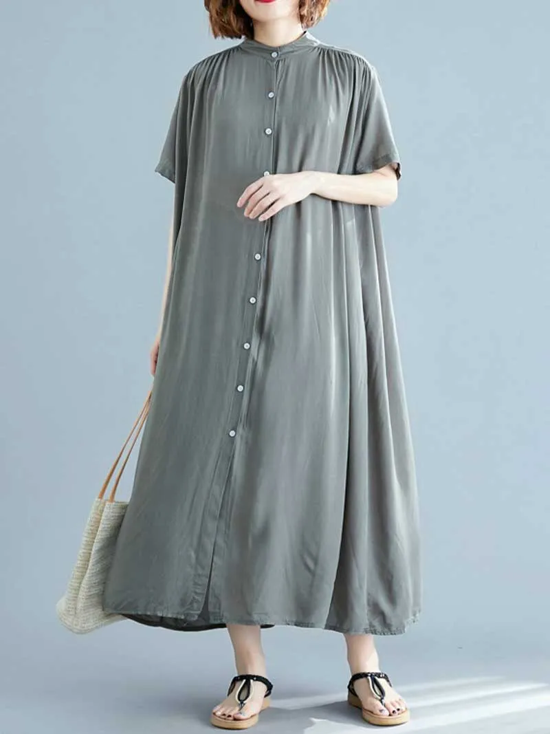 Long Cotton Front Button Cotton Shirt Dress (Navy Blue - Army Green - Brown)