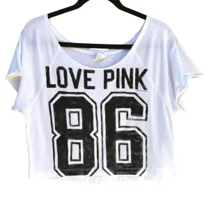 Love Pink Victorias Secret Women's White Cropped Football 86 Slouch Tee Shirt S