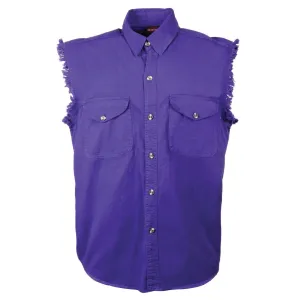 Milwaukee Leather DM1006 Men's Purple Lightweight Denim Shirt with with Frayed Cut Off Sleeveless Look