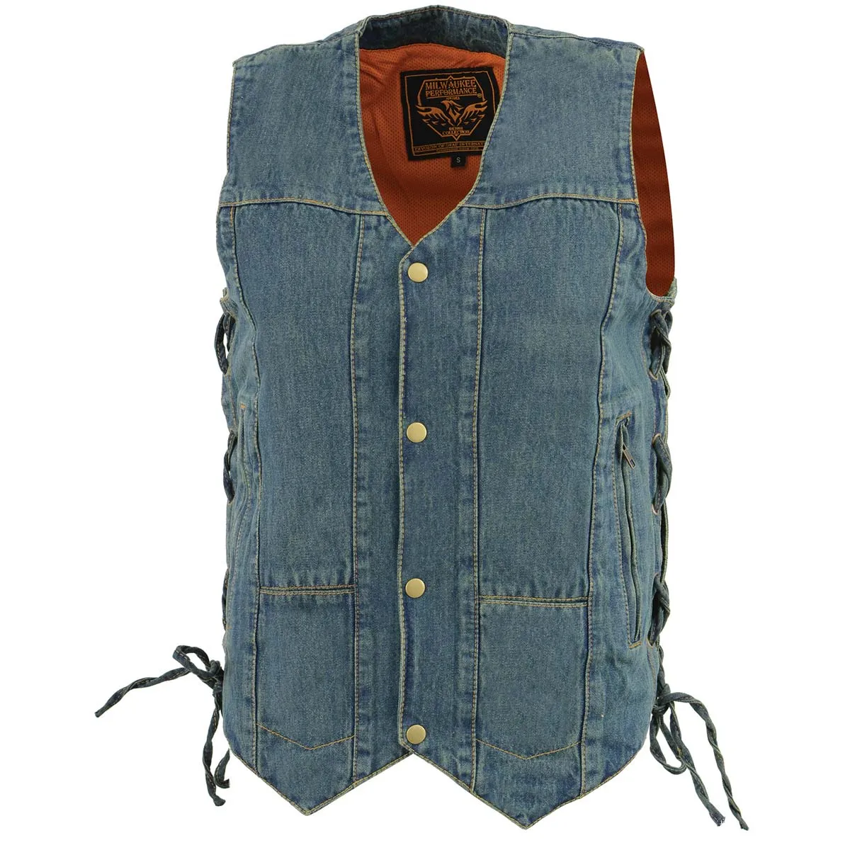 Milwaukee Leather DM1989 Men's Blue Denim '10 Pocket' Motorcycle Bikers Rider Vest with Side Laces