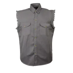 Milwaukee Leather DM4004 Men's Grey Lightweight Denim Shirt with Sleeveless Frayed Cut Off